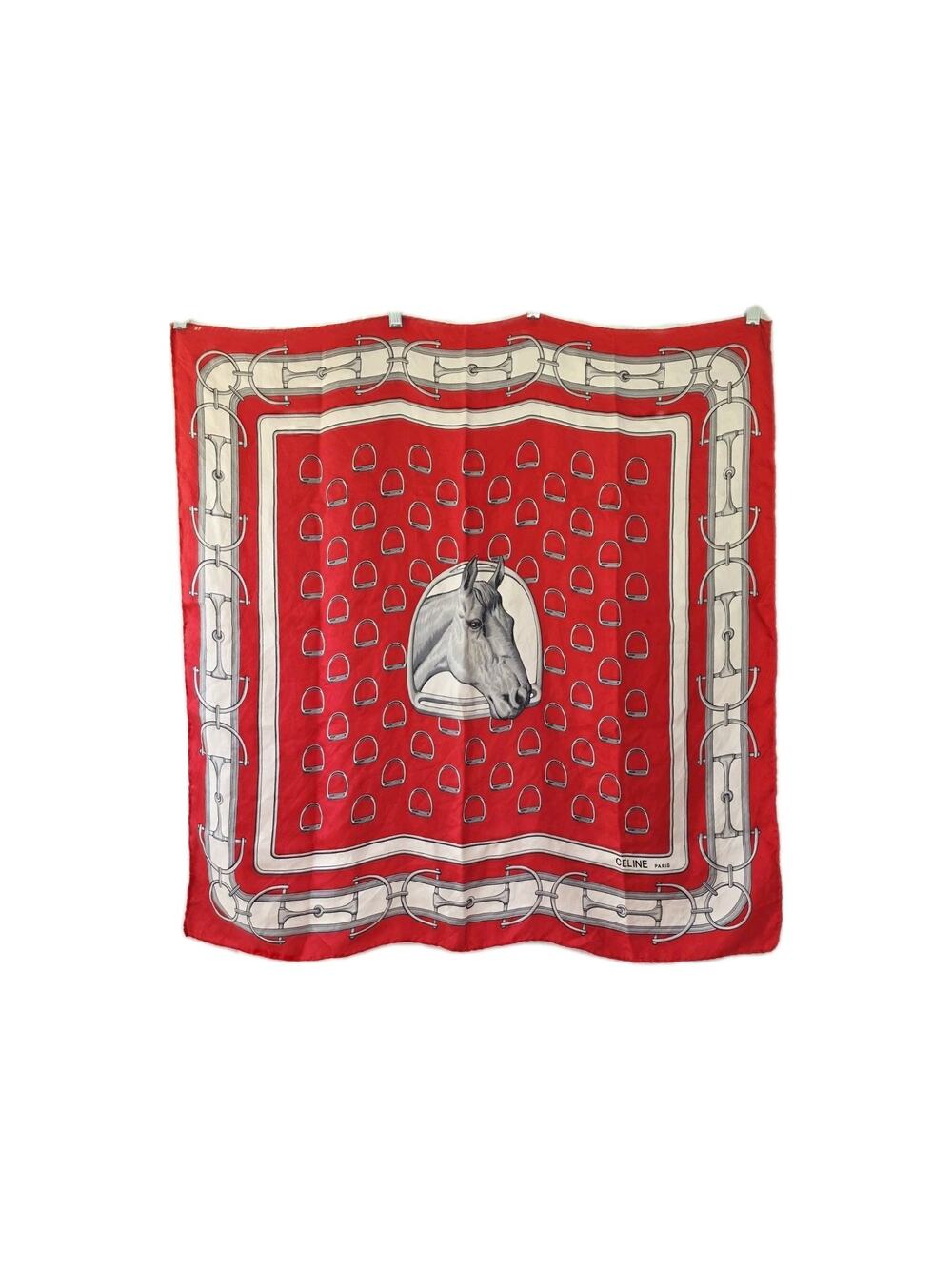 Vintage CELINE Large Scarf Red Horse Horsebid Pattern Silk Old Money Equestrian